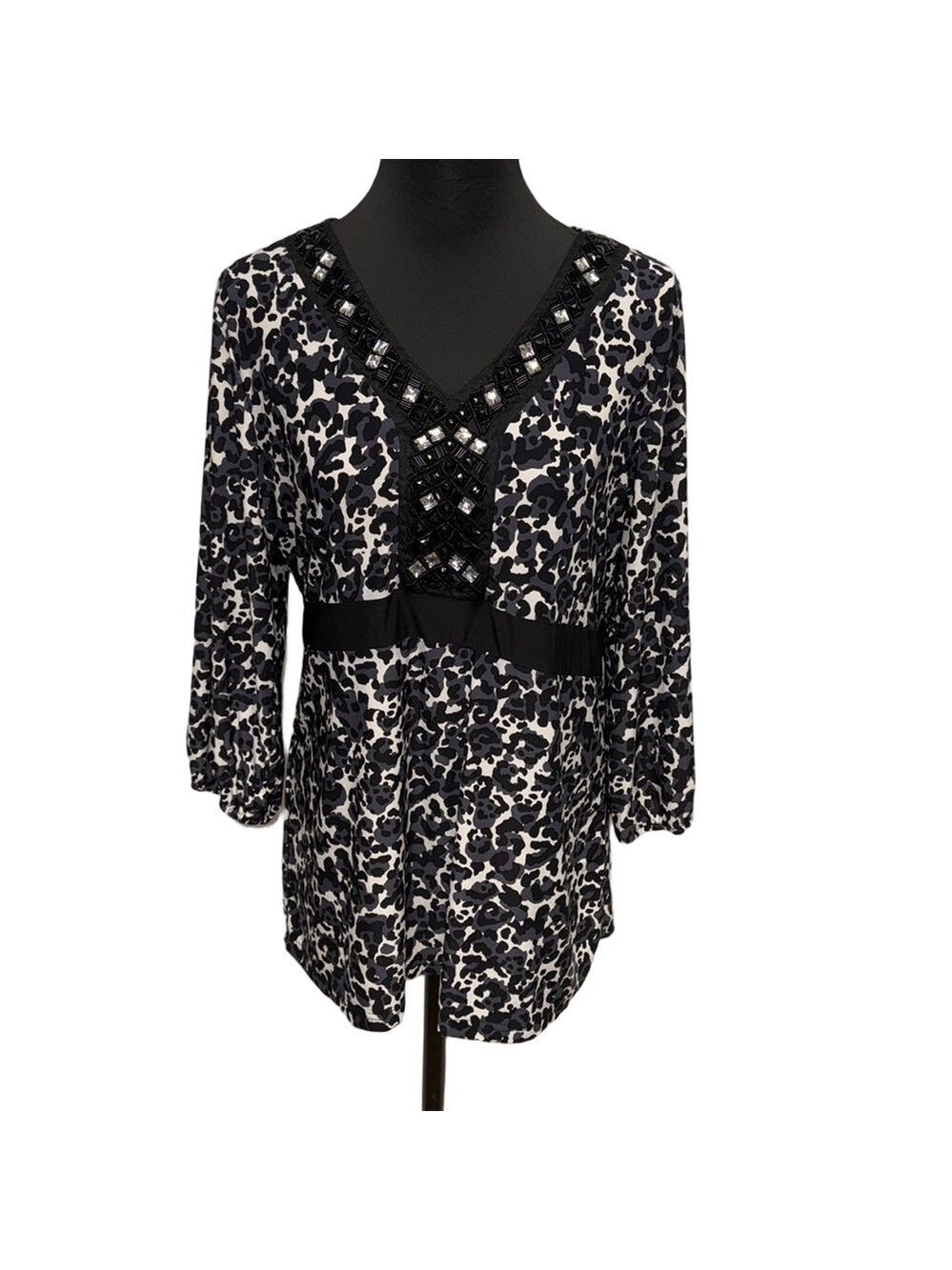 Fashion Bug Animal Print Blouse Embellished Neckline. Business casual Stretch